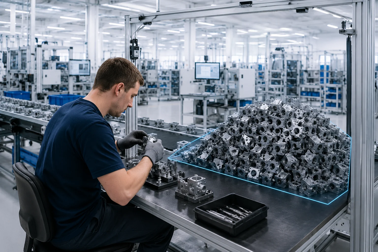 Inspection bench with parts accumulating in trays
