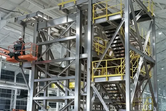 Steel structure being erected inside a plant, a worker on a boom lift at the left