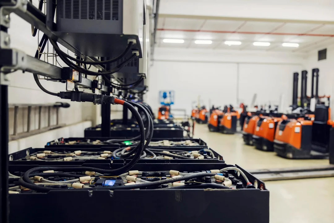 Row of industrial battery packs on charge, pallet trucks parked in the background