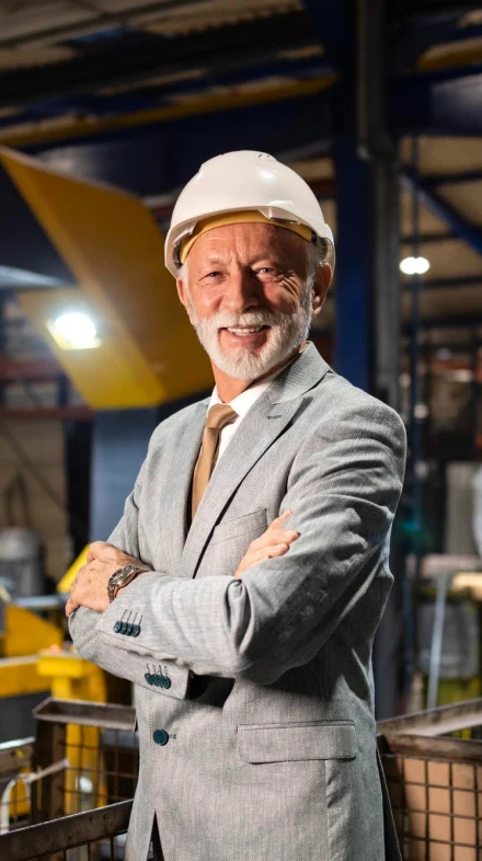 Plant manager in a hard hat standing on the shop floor, arms folded